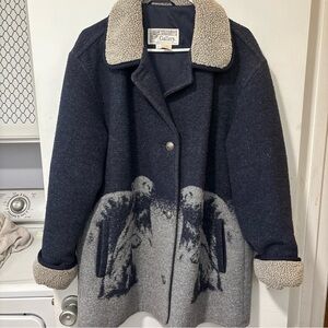 Vintage Gallery Collection Wool Printed Polar Bear Navy Coat Jacket Size L Large